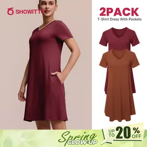 SHOWITTY 2-Pack Women's Casual T-Shirt Loungewear Dresses with Pockets Plus Size Short Sleeves Pajama Dress- Breathable Lightweight Fit for Summer Outings Everyday Wear