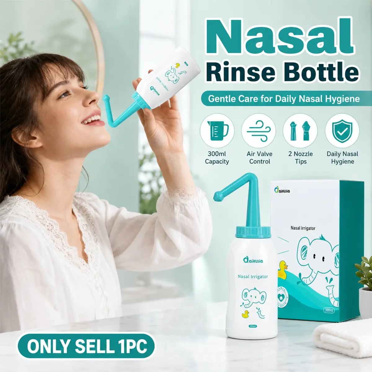 300ml Neti Pot Sinus Rinse Bottle, Nasal irrigation system, Pressure Nasal Irrigation Wash Sinus Rinsing Bottle, Single hole and 3-hole nasal irrigation device, Nose Cleaner, Manual Nasal Washer, for Daily Nasal Hygiene, Allergy, Sinus Congestion