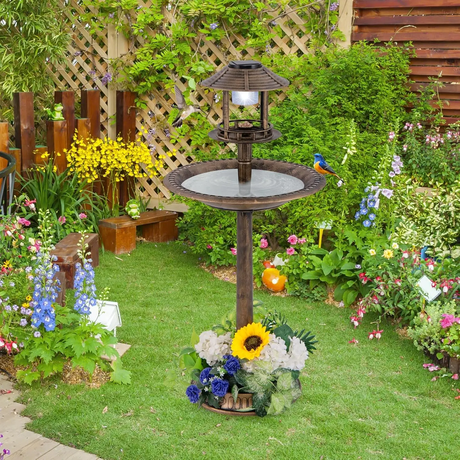 COSTWAY Outdoor Bird Bath, 42’’ Solar Lighted Pedestal Birdbaths with Birds Feeder ,20’’ Water Bowl, Flower Planters and 3 Stakes, Attract Birds Antique Bird Bath for Outside Garden, Yard