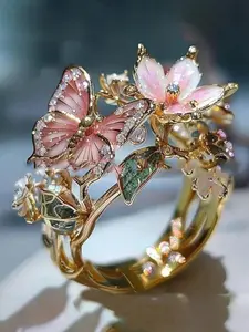 Butterfly Flower Oil Drop Ring for Women, Statement Ring, Leaf Accents, Floral Design, Daily Fashion Accessory, Perfect Holiday Gift