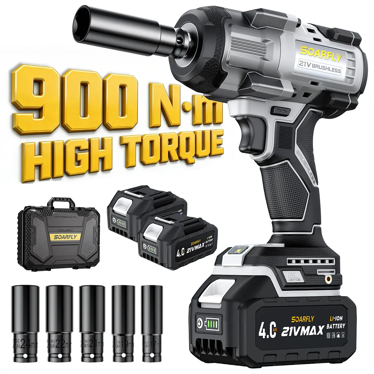 SOARFLY 900NM Impact Wrench For Automobiles, Car, Trucks, With 2x 4.0Ah Batteries, Fast Charger,  5 Sockets