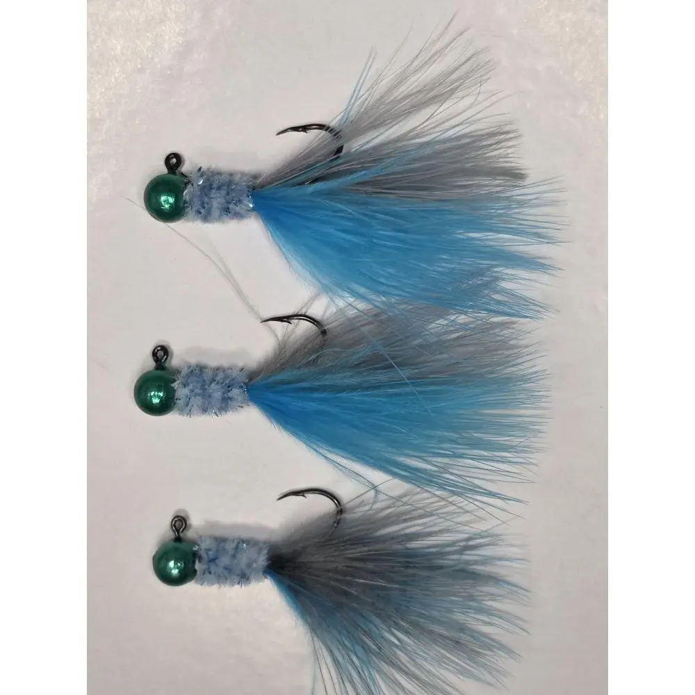 Ocean's 11 . Glass Green Jig Head with Monkey Milk Chennile Body Blue and Gray Marabou for Fishing Lures