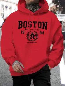 Men's Boston Letter Print Hoodie, Casual Fashion Fitted Drawstring Pullover with Kangaroo Pocket, Fall & Winter Perfect Choice