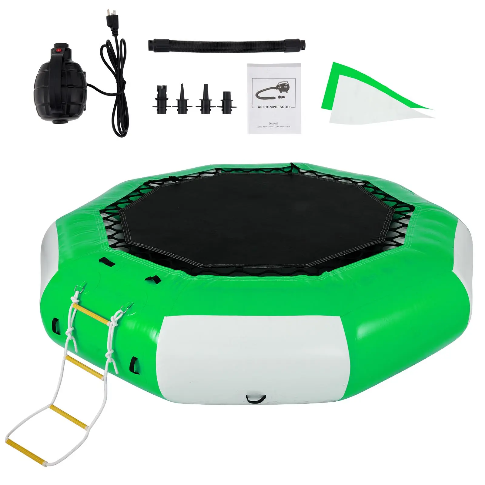 【Summerfinds】VEVOR Inflatable Water Trampoline, 10ft Recreational Water Bouncer with Escalator, Round Inflatable Water Trampoline in Green and White, Floating Trampoline for Lakes, Pools, Calm Sea