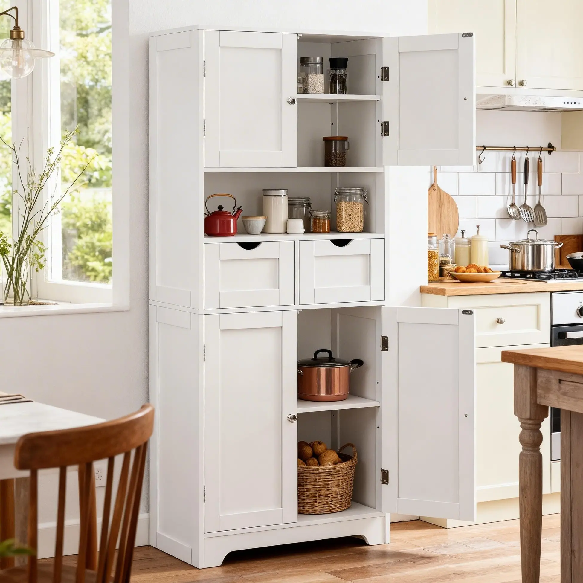 Fluted Sideboard Cabinet - Sturdy Freestanding Modern Indoor Cupboard, 57.8 in Tall Home Furniture, 2 Drawers, 4 Doors, 2 Adjustable Shelves, Adjustable Floor Base, Durable Natural Wood for Kitchen, Living Room Storage, Freestanding Kitchen Cupboard
