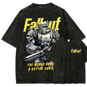 Menswear Fallout Unisex Washed Distressed Round Neck Shortsleeve T-Shirt 9, Sports Clothes