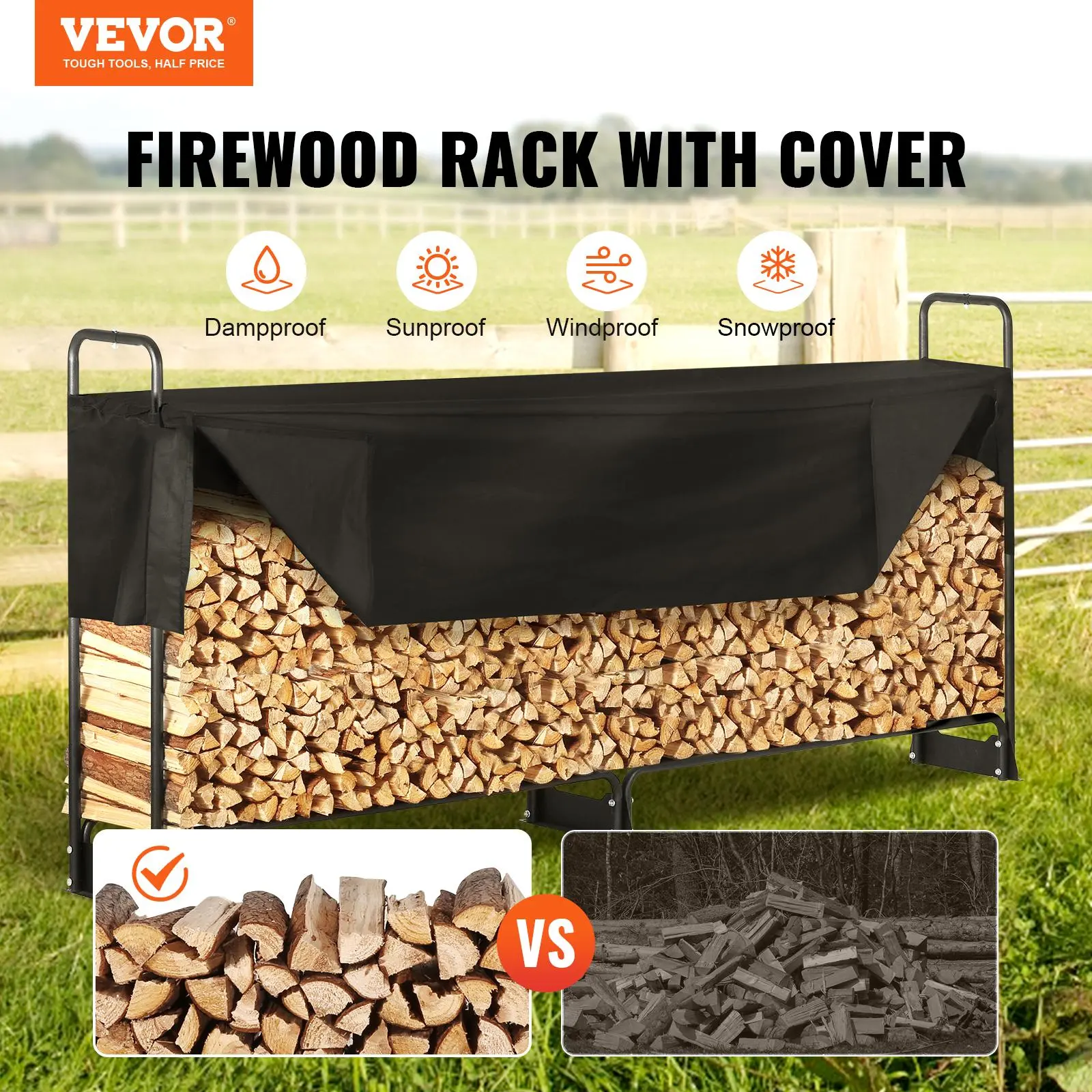 【Summerfinds】VEVOR 8.5FT Outdoor Firewood Rack with Cover, 102x14.2x46.1 in, Heavy Duty Firewood Holder & 600D Oxford Waterproof Cover for Fireplace, Patio, Indoor/Outdoor Log Storage Rack for 1/2 Cord of Firewood