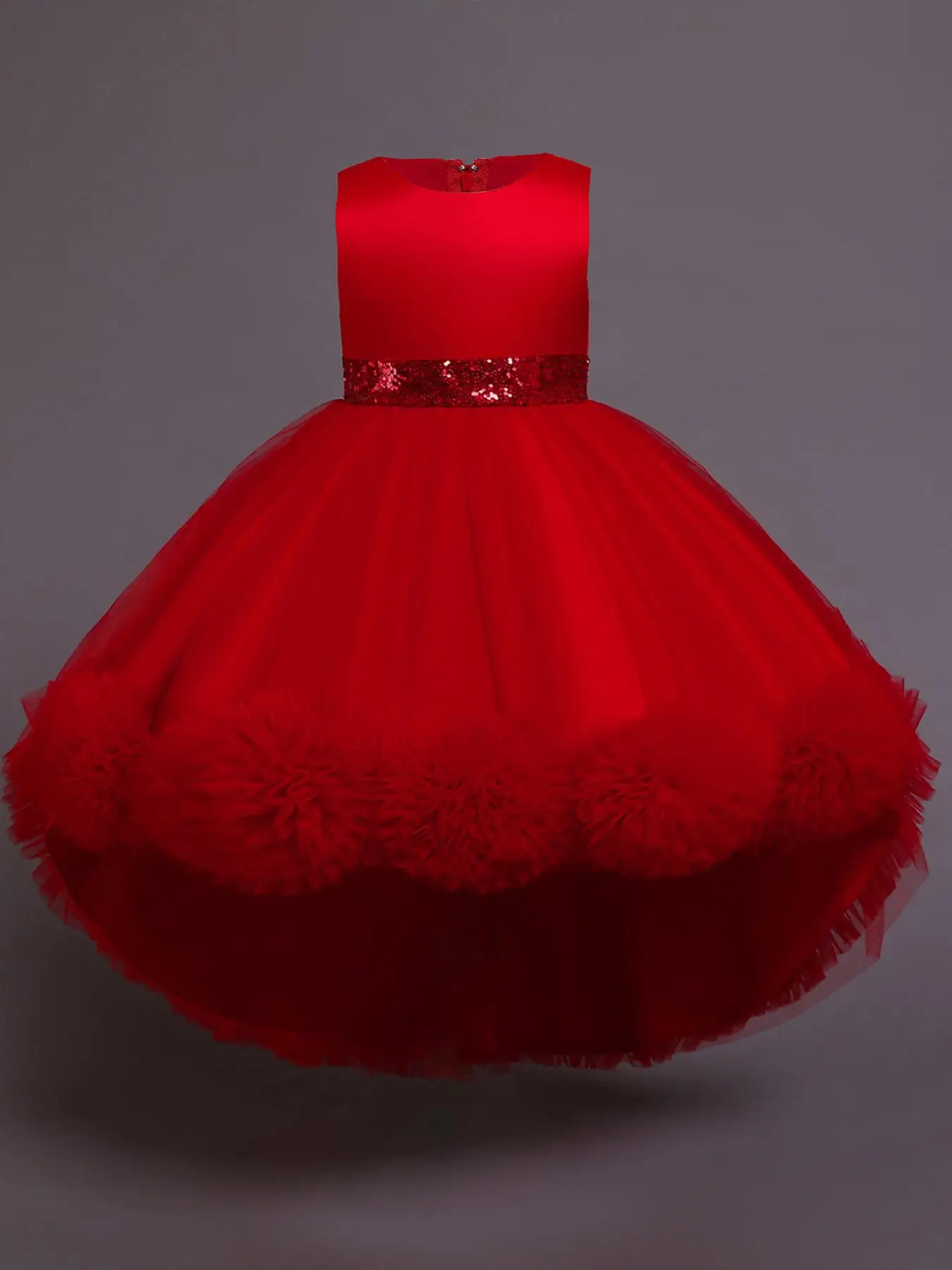 Girl's Contrast Sequin Bow Decor High Low Hem Tulle Dress, Elegant Sleeveless Round Neck Ruffle Trim Formal Party Gown, Kids Clothes for All Seasons