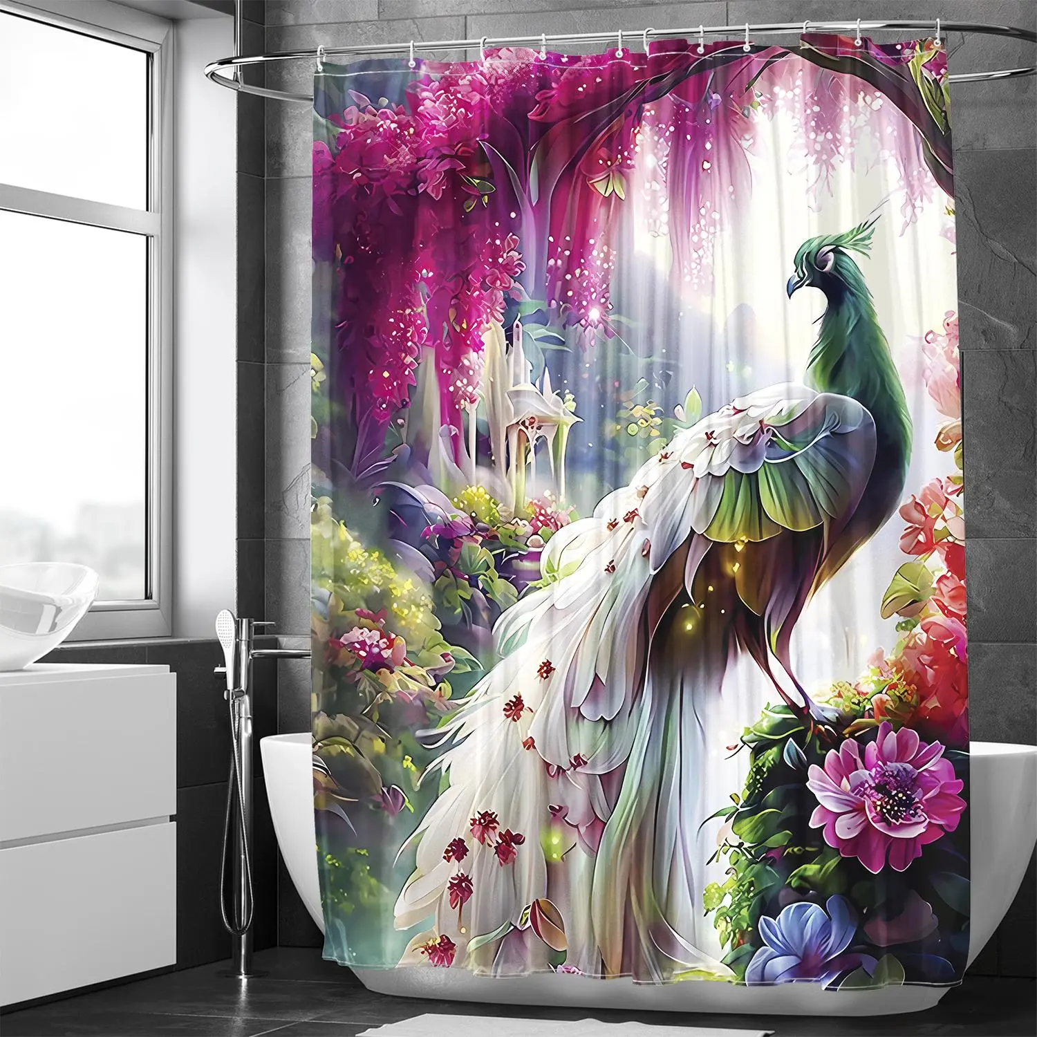 Peacock Print Bath Curtain with Hooks, 1 Count Modern Waterproof Decorative Shower Curtain with 1 Count Random Color Curtain Strap, Bathroom Accessories for Decor, Shower Curtain Set, Bathroom Decoration Accessories