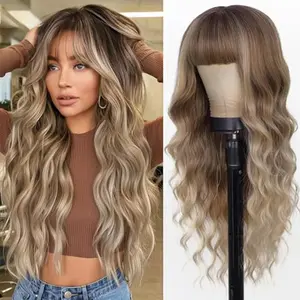Ombre Blonde Wig with Bangs for Women, Long Ombre Blonde Wavy Wigs 26 Inch, Natural Looking Heat Resistant Synthetic Hair Wavy Curly Wig for Daily Party Use