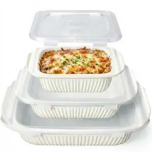 3-Piece Ceramic Casserole Set | 5.1Qt, 2.3Qt, 1.1Qt Deep Baking Dishes | Rectangular Lasagna Pan with Handles | Oven, Microwave & Dishwasher Safe Bakeware, Classic White