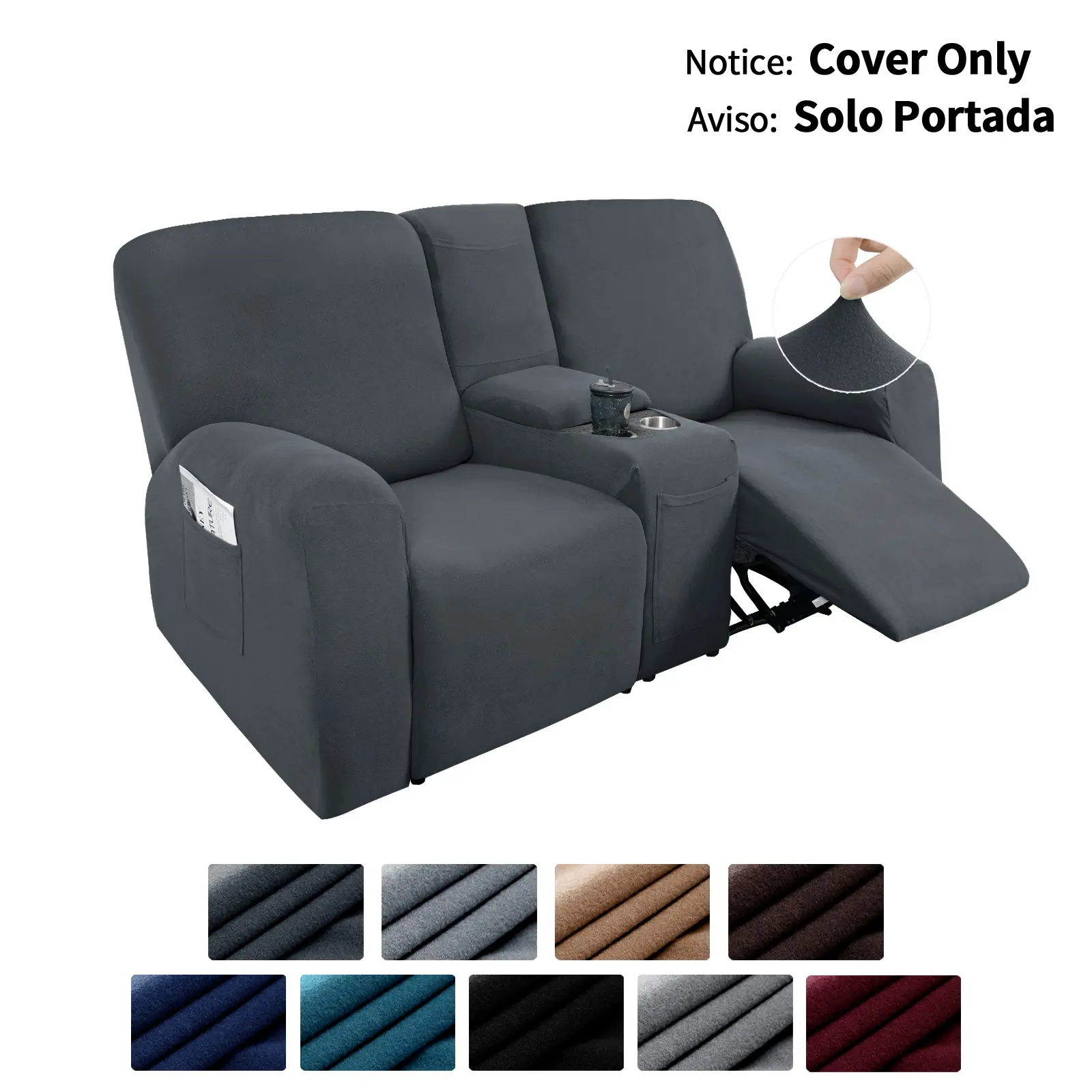 Easy-Going Recliner Loveseat Cover, Cover Only, Cover With Center Console Sofa Slipcover Soft Fitted Fleece 2 Seats Couch with Holder and Storage Washable Furniture Protector