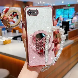 Pearl Strap Lanyard SE 2020 Shockproof Transparent Glitter Shiny Phone Holder Case Compatible With for iPhone SE 2020 Luxury Shiny Make up Mirror Butterfly Case Cover for Popular