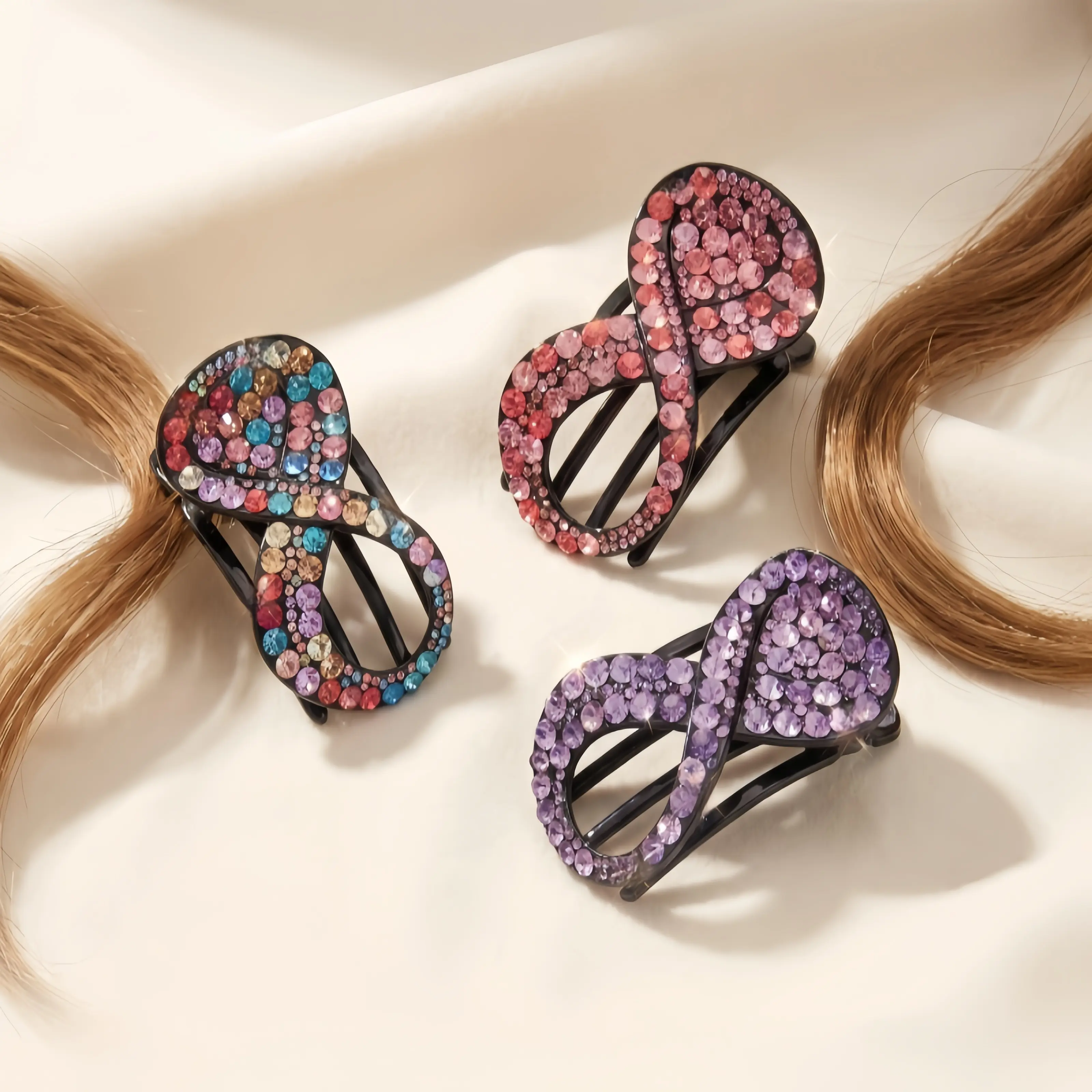 Synthetic Sparkling Crystal 8-Shape Hair Clips - 3 Pcs, 3.6in*1.6in Chunky Sparkly Bling Hair Fashion Claw Clips, Unisex Sparkling Rhinestone Heatless Hairstyle Accessories for Friends, Everyday Updos, Bedazzled Claw Clips