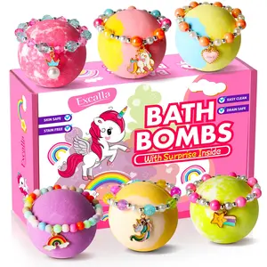 Natural Unicorn Bath Bombs (6-Piece Set) with Surprise Toys & Jewelry Bracelets, Shea, Cocoa, Blueberry, Peach, Essential Oils, Citric Acid, Fruity Scents, Skin-Moisturizing Safe Kids Body Care, Birthday Gifts for 4-8 Year Old Girls