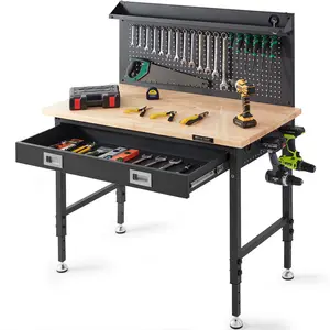 【Spotlight Day】VEVOR Workbench Adjustable Height 28-39.5" Work Bench For Garage Oak Plank & Carbon Steel Heavy Duty Workbench 2000lbs Weight Capacity Bench top Size 48x24" Hardwood Workbench 3m Cable 30 Hooks