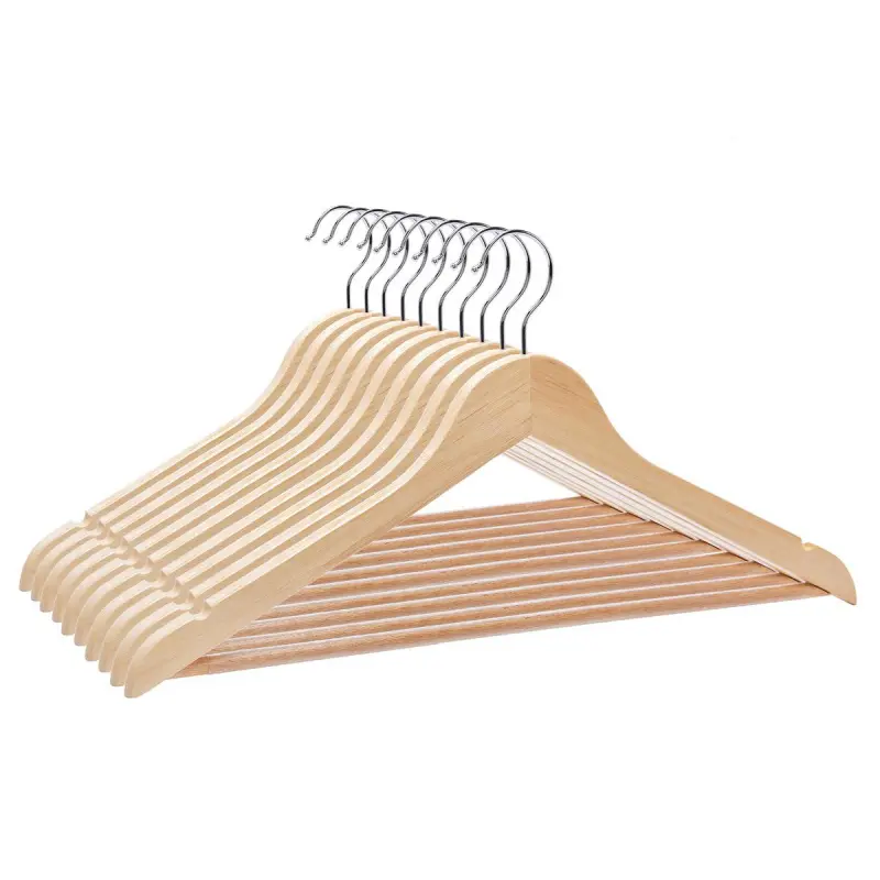 Strong Brown Wooden Coat Hangers For Closet |Made with Natural Wood and Non-Slip Trouser bar | Extra Smooth Finish | Strong Shoulder Notches Hanging Metal Organiser Hook coathangers ikea wardrobe Pants Hangers