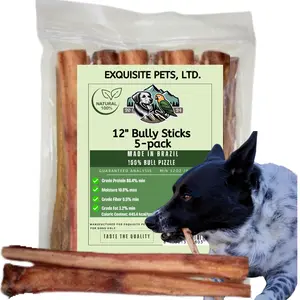Exquisite Pets 5-Pack of 12" Bully Sticks 100% Brazilian Bull Pizzle Thick Odorless Long Lasting No Grains or Rawhide Helps Relive Pet Boredom All-Natural Dog Treats Aggressive Chewers