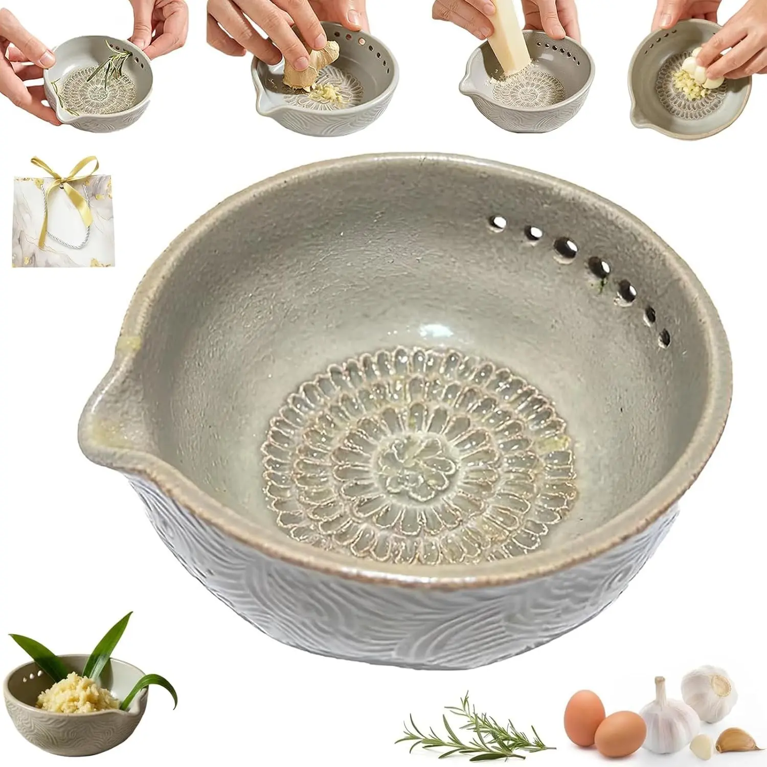 Garlic Paste Spice Bowl for Instant Garlic Crushing, Handmade Earthenware Kitchen Tool with Peeler and Crusher Perfect for Sauces and Dressings