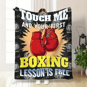 Funny Boxing Quote Throw Blanket | Touch Me And Your First Lesson Is Free Print Soft Flannel Blanket for Boxing Fans Sports Enthusiasts Home Decor