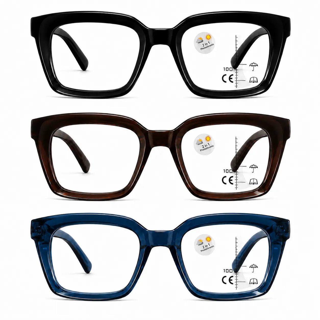 ViewSelect Progressive Multifocal Photochromic Reading Glasses for Women Men, Light Adaptive Readers, Blue Light Filtering Near Mid Far Vision Eyeglasses, Oversized Square Frame