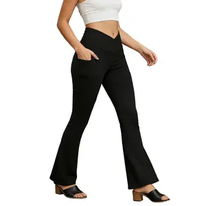 Women's V Crossover Flare Leggings with Pockets Yoga Pants High Waist Casual Workout Gym Bell Bottom Leggings