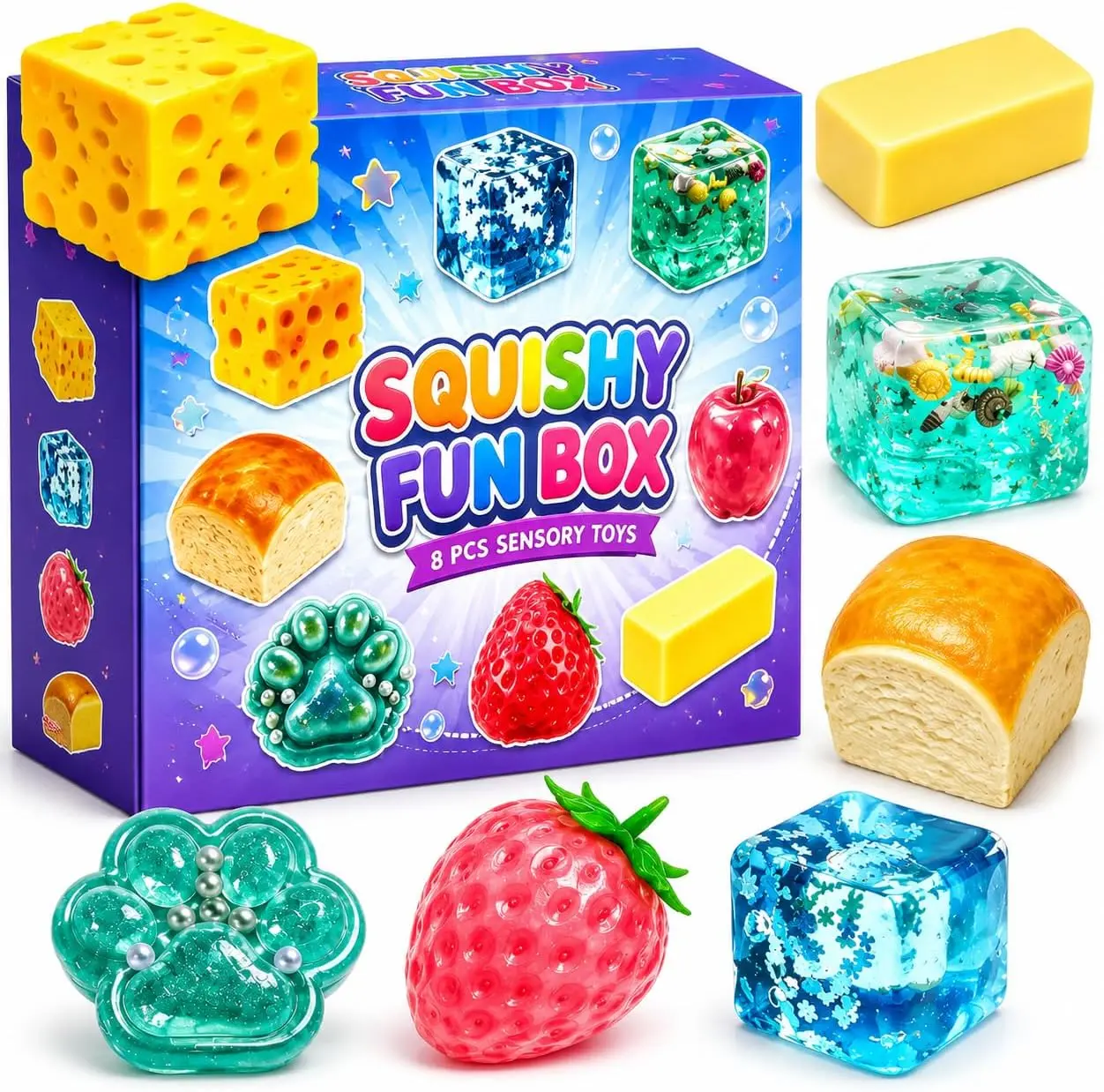 8 Pcs Dumpling Mystery Box Stress Relief Toys Set – Soft Squeezable Bun Pinch Toys for Adults Kids, Cute Desk Toy & Novelty Birthday Gifts