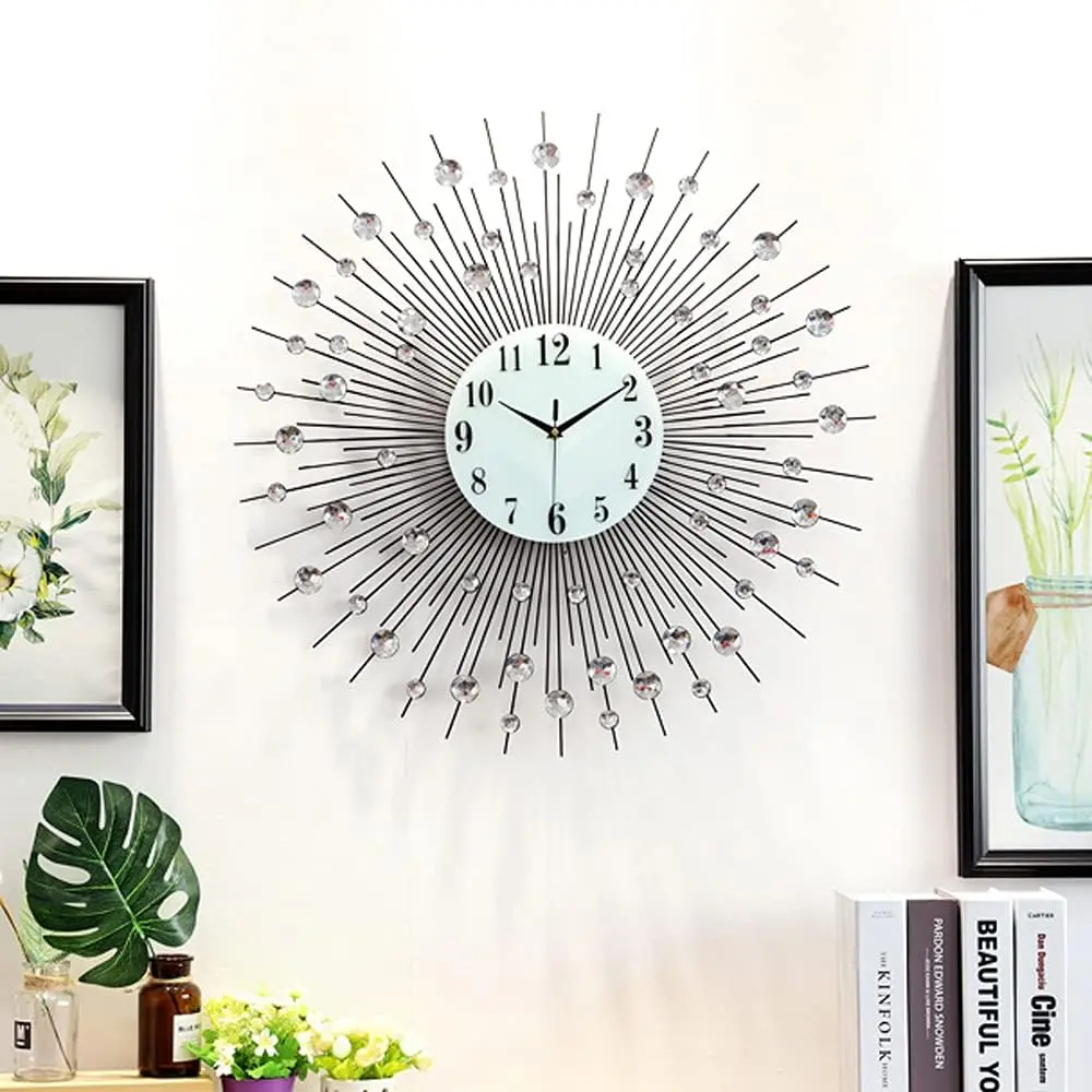 60x60cm Decorative Wall Clock - Modern Crushed Diamond Sun-Shape Round Analog Clock, Non-Ticking Silent, Corrosion-Resistant Glass-Metal Construction, Pointer-Equipped for Living Room Home Decor, Clocks For Living Room