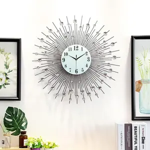 60x60cm Large Modern Crushed Diamond Round Crystal Wall Clock Sun Shape Design Non-Ticking Silent for Home Decor Living Room Decoration Glass Metal