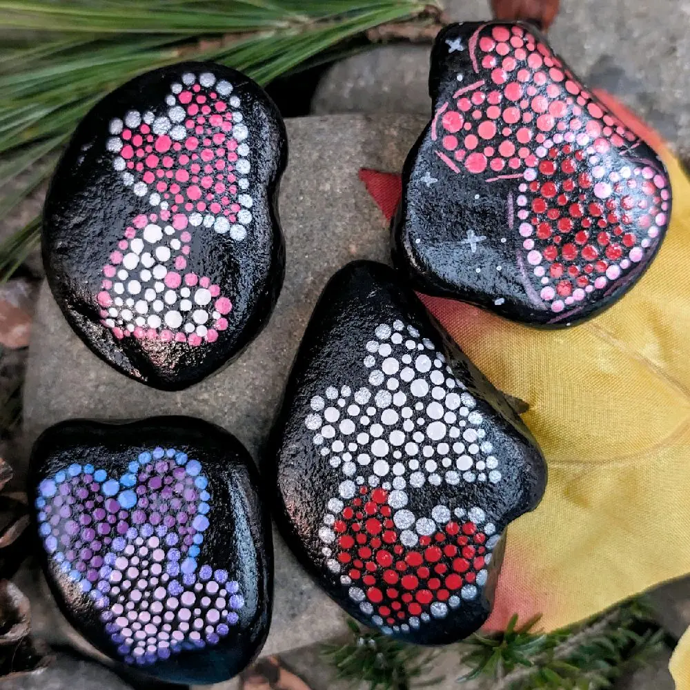 Hand Painted Valentine's Day Rocks Colorful Overlapping Hearts Love Stone Unique Artwork for Decor