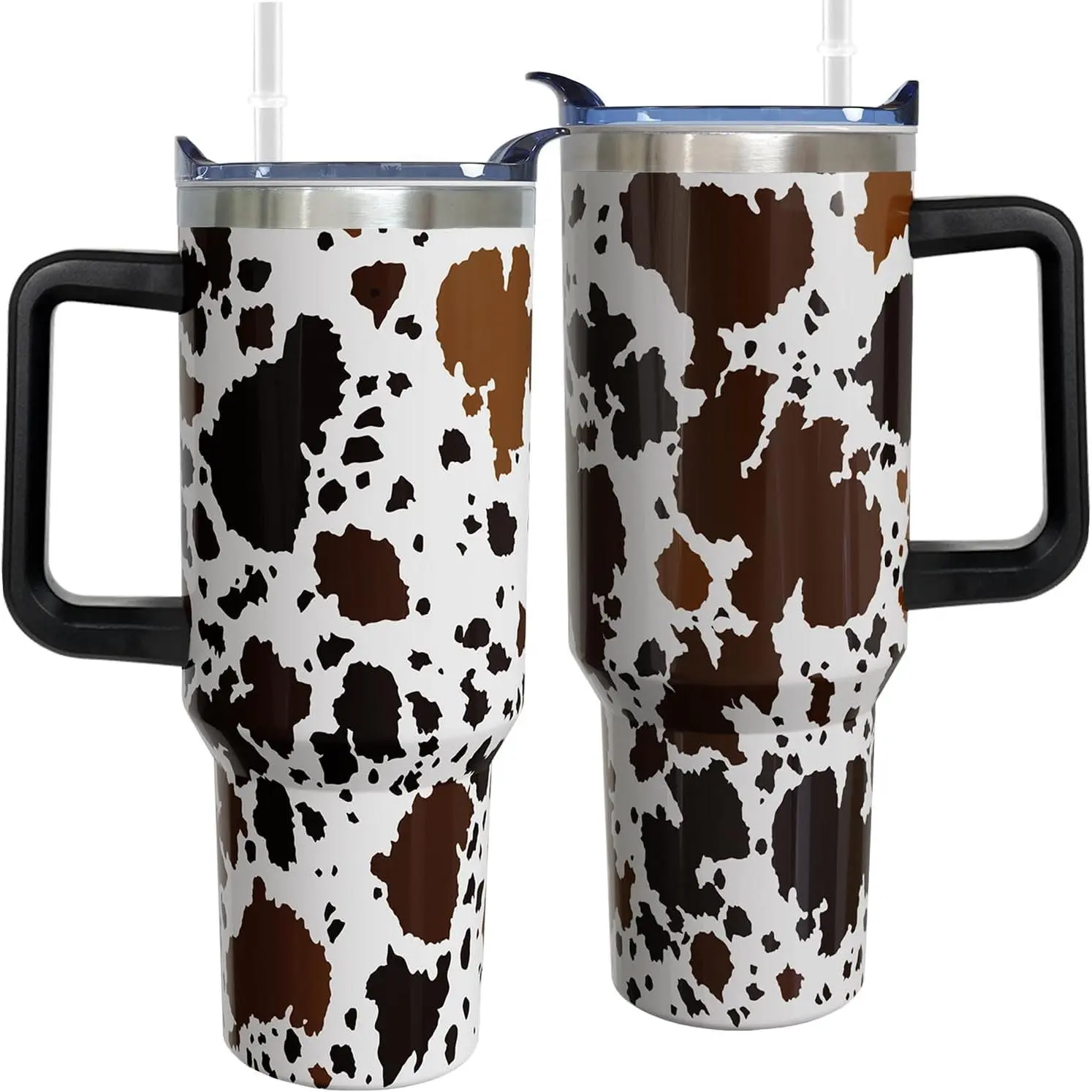 Women's 40 oz Skinny Printed Insulated Stainless Steel Cow Tumbler - Detachable Handle, Transparent Lid, Metal Straw, Silicone Accessories Set, Plastic-Free Vacuum Flask, Cow Gifts, Travel Coffee Mug, Flasks