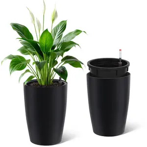 Set of 2 Tall Planters for Outdoor Plants, 16in Large Planters for Outdoor Indoor Plants with Water Level Monitor ＆ Inner Bucket, Automatic Watering, for Porch, Patio, Backyard（Black）