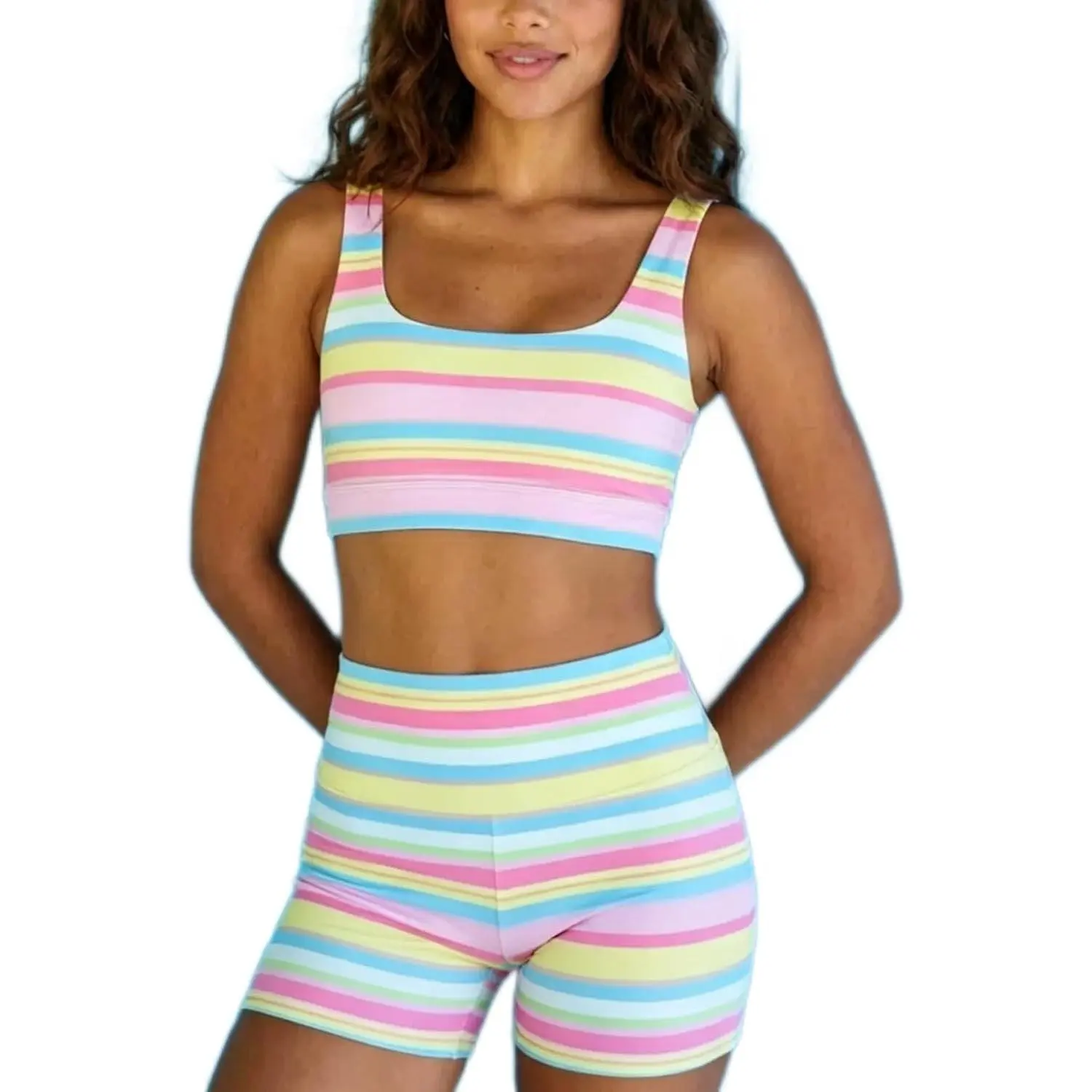 Women’s Rainbow Stripe 2 Piece Workout Set Sleeveless Crop Tank Top High Waist Biker Shorts Matching Lounge Outfit