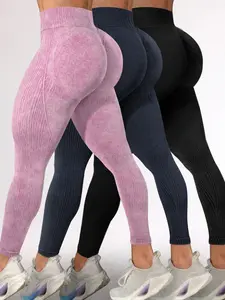 High Waist Acid Wash Butt-Lifting Rib-Knit Leggings
