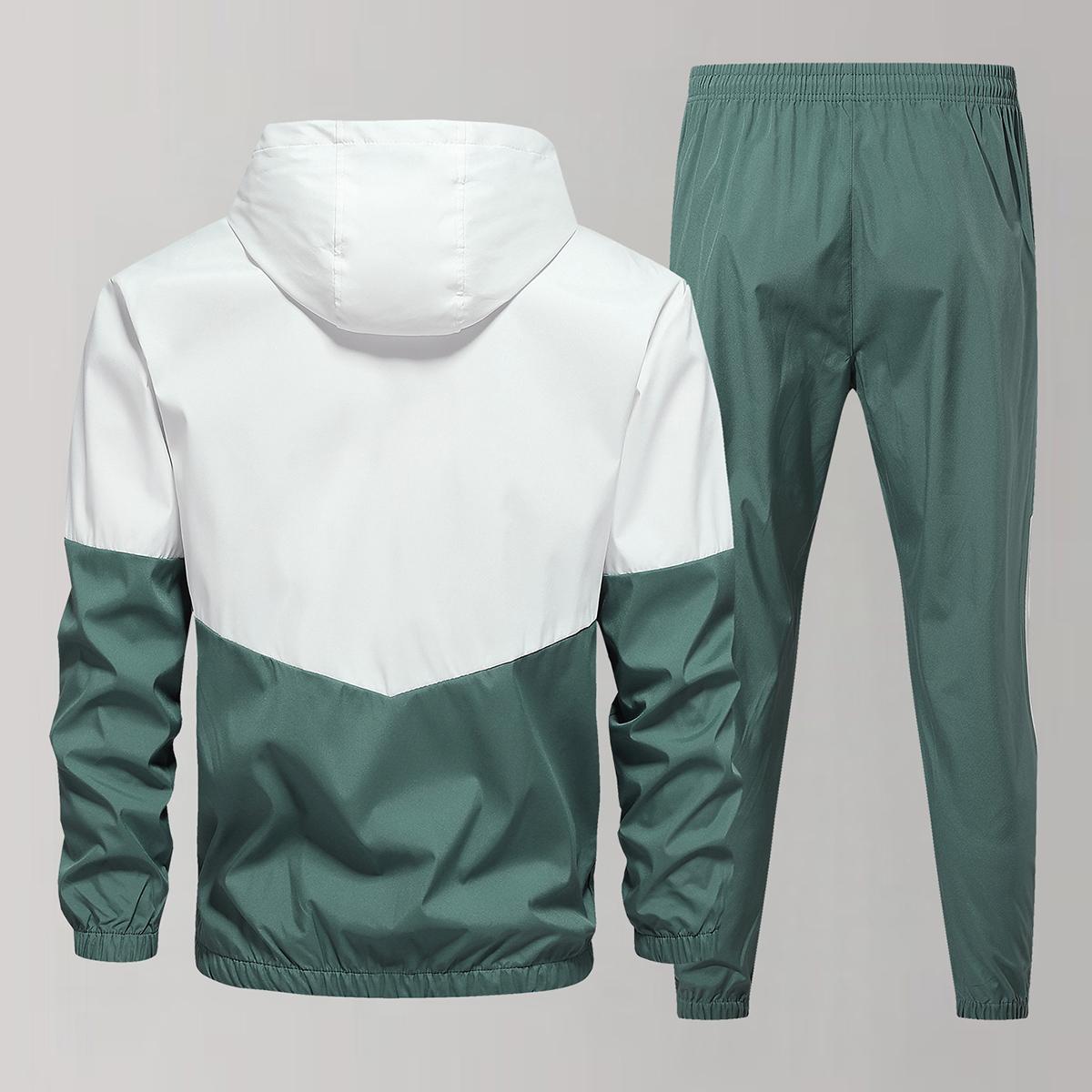 Men's Casual Hooded Jacket and Jogger Pants Set - Colorblock Design, Polyester Fiber, Machine Washable - Ideal for Spring and Autumn, Casual Style, Regular Fit, Spring and Autumn