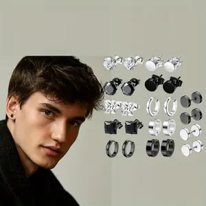 12 Pairs Stainless Steel Earrings Fashion Hip Hop Men's Earrings Beauty & Personal Care