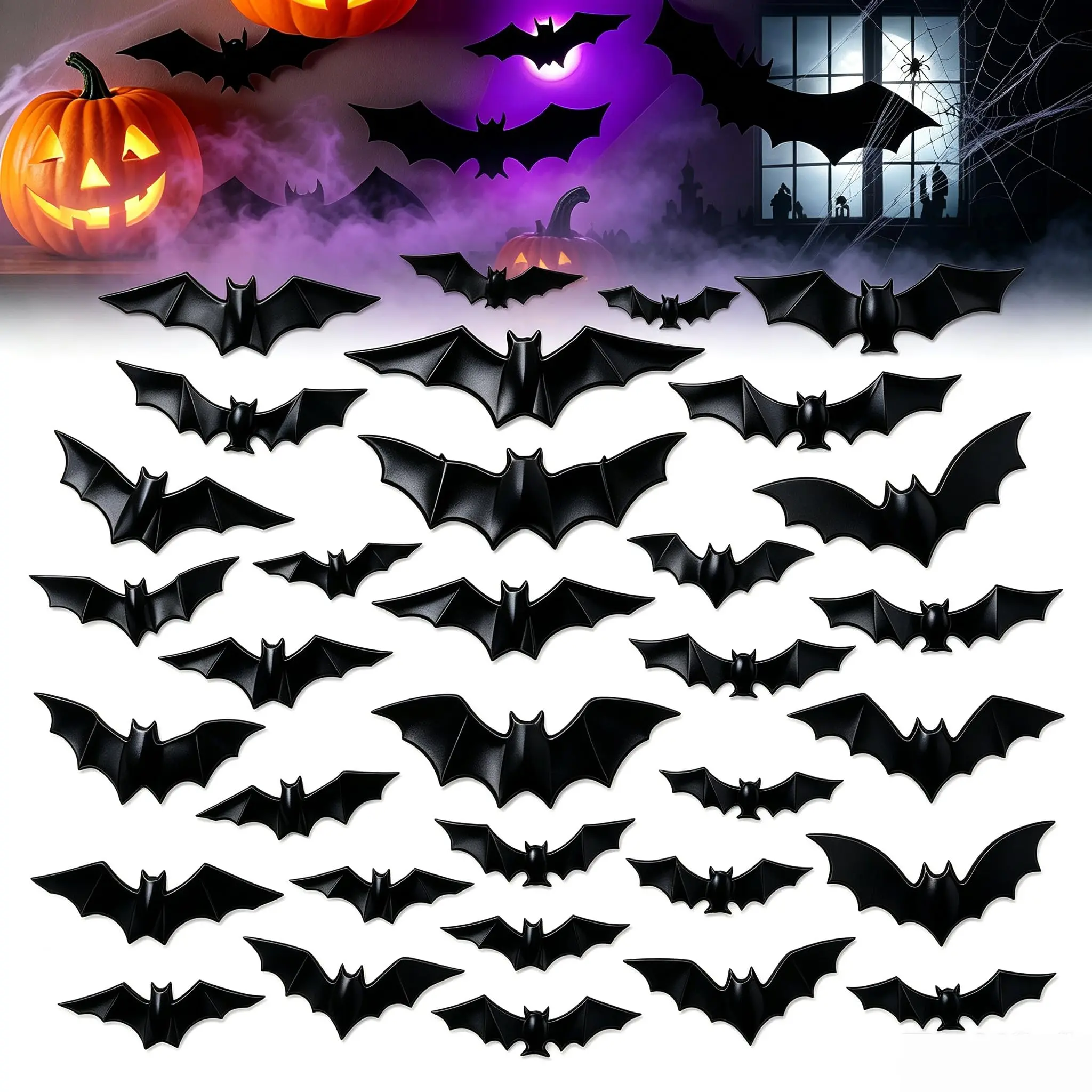 3D Bat Light LED Decorations, 36pcs/48pcs Halloween Spooky Ornaments, Bendable Wall Stickers with Smooth Bubble-Free Application, Easy Install Battery Powered Glowing Decor, Non-Remote Indoor Decor for Home, Party, Window, Door, Festival