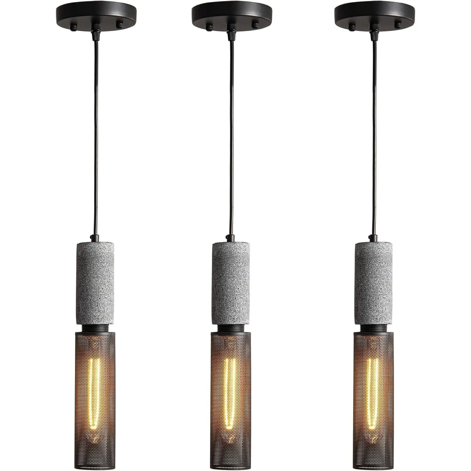 Concrete Linear Pendant Light with a Metal Mesh Shade,Modern Industrial Hanging Cement Pendant Lighting Fixture for Kitchen  Dinning Room Bedroom(Black 3-Pack)