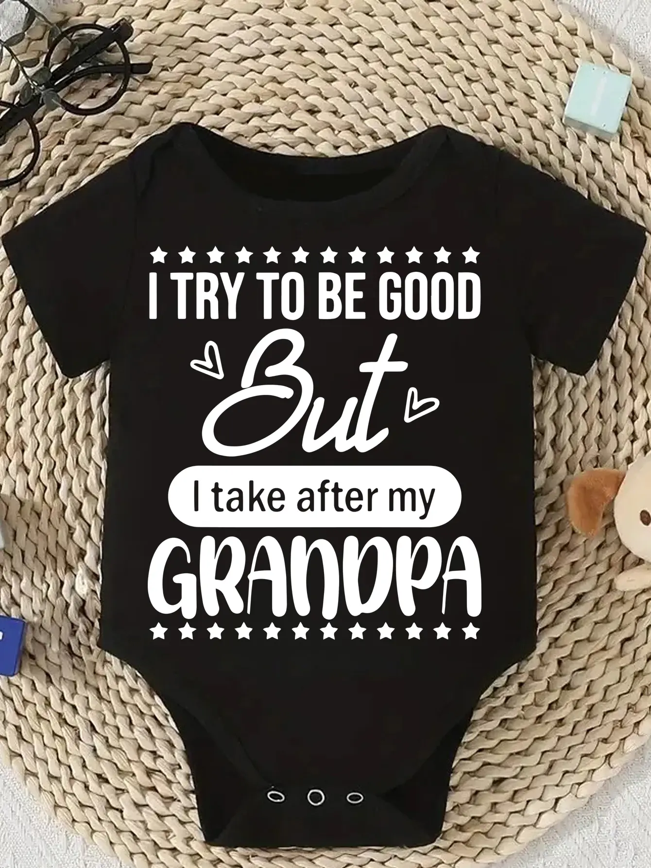 Baby Bodysuit - Cute Knitted Round Neck Onesie with "I Try To Be Good But I Take After My Grandpa" Print, Soft Tagless Fabric, Regular Fit, Button Details, Weather Snaps, Versatile for Weather Changes, Strong Baby Items for All Seasons, 96%Cotton, Baby-Sa
