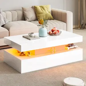 [Memorialday]VanAcc High Gloss Coffee Table, Modern 2-Tier Center Table with LED Lights, Open Storage Space, 40in Simple Rectangular Sofa Side Table for Living Room, Office