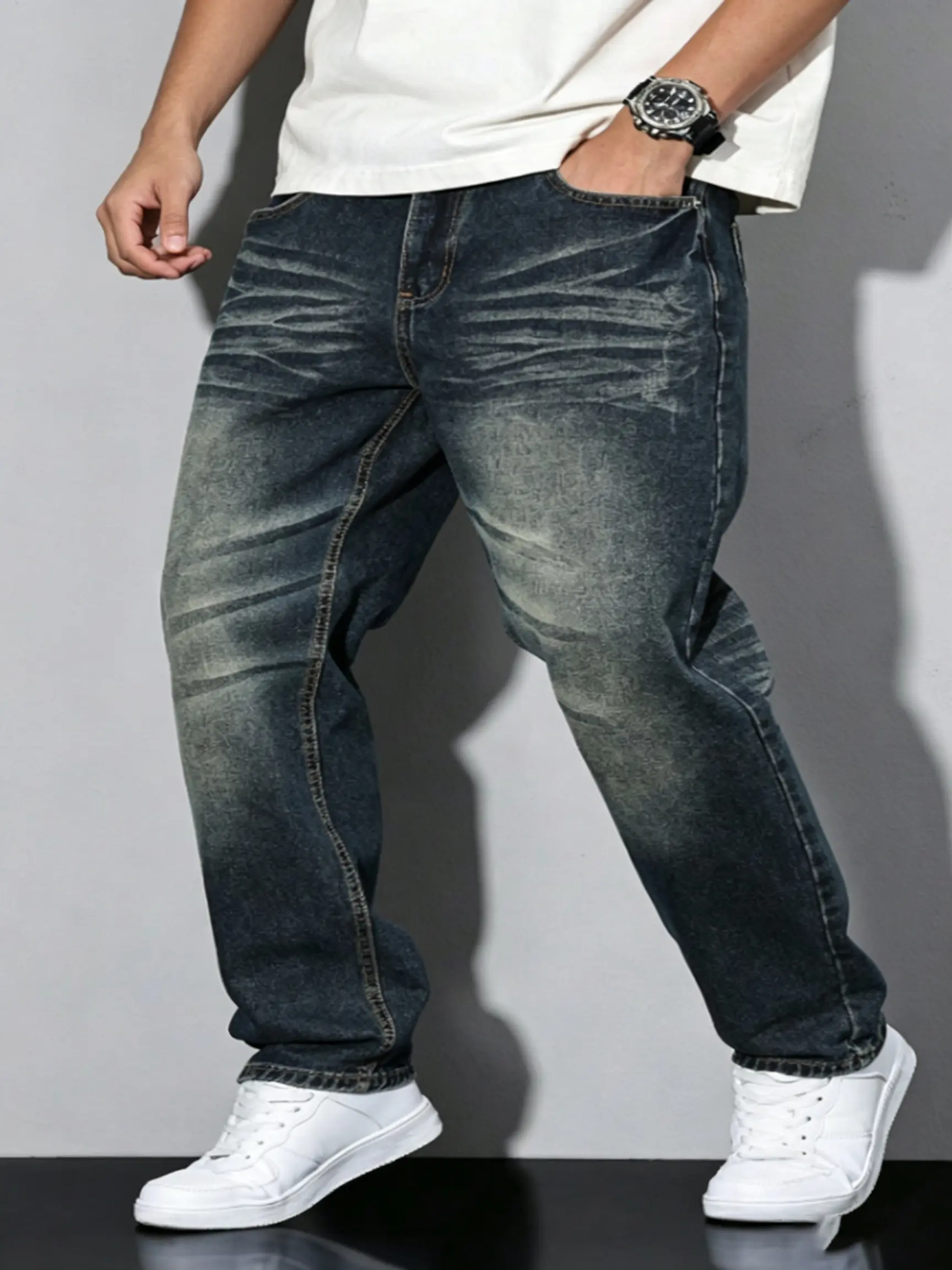 Men's Plus-Size Tall Vintage Mud-Colored Gradient Distressed Multi-Layered Deep-Rise 5-Pocket Workwear Casual Street Stretch Straight-Leg Loose-Fit Jeans