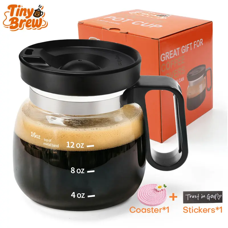 Tiny Brew 16 Oz Coffee Pot Mug, Mini Coffee Pot Cup with Spill Proof Lid, Heatproof Glass Mug, Measurement Marks, Easy-Grip Ergonomic Handle, ideal Gift for Coffee Lovers, Includes Free Knitted Coaster & Sticker