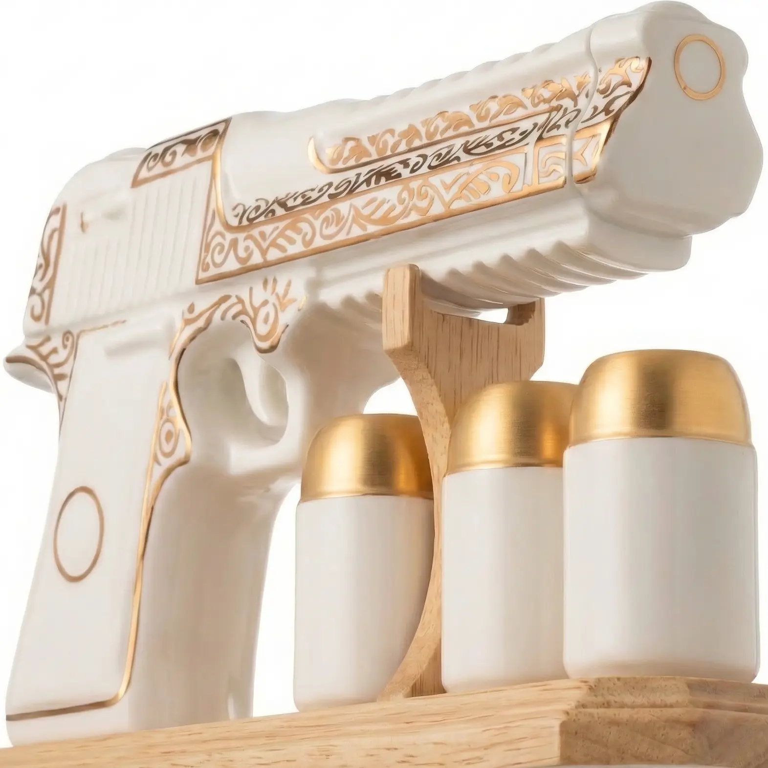 Father's Day Gift Ideas MERCURY CERAMIC Gun Shaped Whiskey Decanter Set 18 Oz and Wooden Stand – Handmade Tequila Bottle, Liquor Dispenser for Home Bar Decor – Unique Elegant Birthday Gift for Dad Men Boyfriend Husband - El Dia del Padre Regalos Hombre