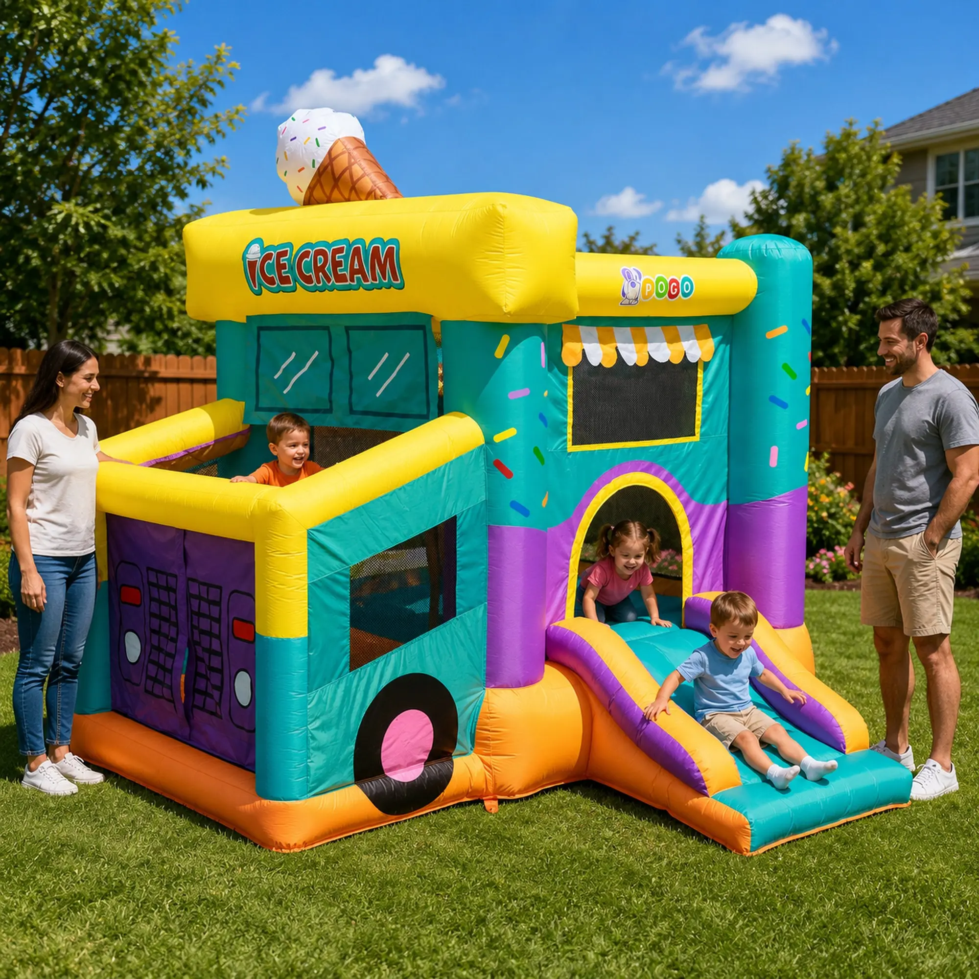 Pogo Bounce House Backyard Kids Inflatable Jump Castle, Ice Cream Truck