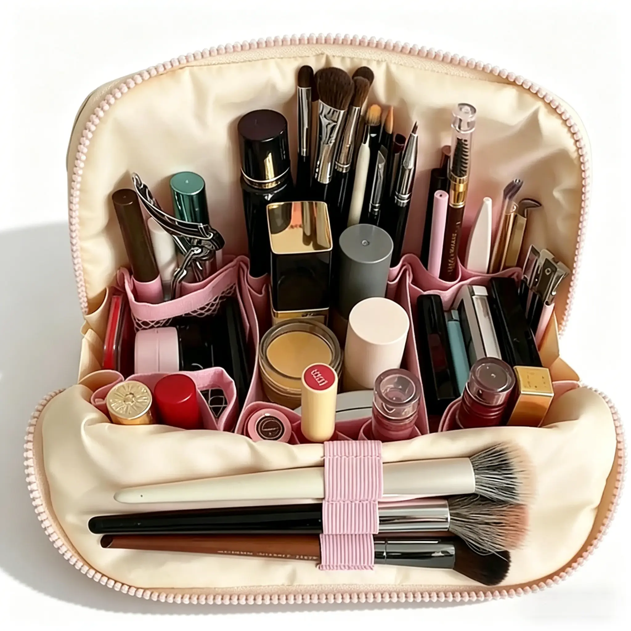Collapsible Makeup Bag for Women, Waterproof Open-Flat Cosmetic Organizer with Brush Slots and Multi-Layer Compartments for Travel & Daily Makeup Organization, Collapsible Make-Up Bags, Built-In Compartment Make-Up Bags