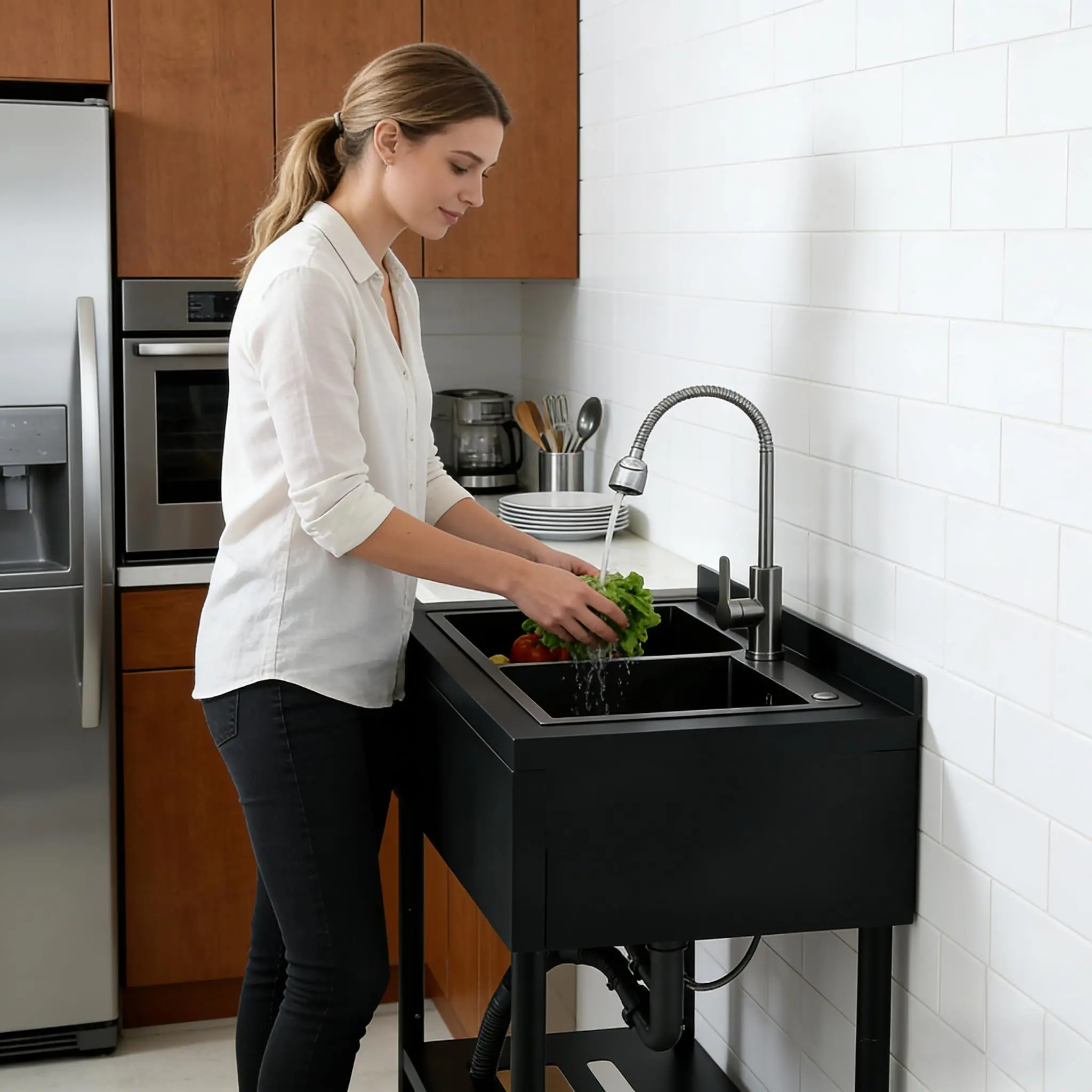 Robust Freestanding Rectangle Stainless Steel Kitchen Sink with Built-In Countertop, Adjustable Pull-Out Hot-Cold Faucet, Storage Shelf, S-Hooks, Adjustable ft, Included Hardware - Versatile, Outdoor Safe for Cleaning, Washing, Commercial Users
