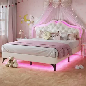 Sikaic Queen Princess Bed Frame with RGB LED Lights, Adjustable Crystal Headboard, Velvet Upholstered, Solid Wood Slats and Easy Assembly Creamy White