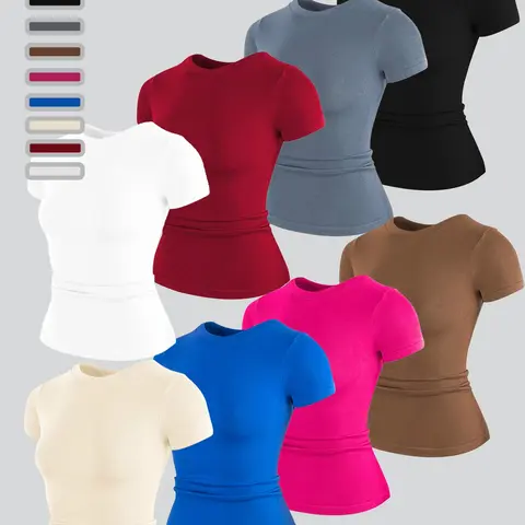 Women's Plain Quick-Dry Comfortable Sporty Short Sleeve T-Shirt, Athletic Fitted Slim-Fit for Gym and Daily Wear, Fitness Workout Shirt, Fitness Shirts, Fashionable Athleisure Tee Summer Top, Athletic Workout Tees