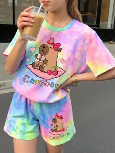 Summer 2-Piece Set Cute Capybara Print Teen Girls Casual Minimal Short Sleeve Top Shorts Set, Gradient Tie-Dye, Vintage Street Style, Fashion