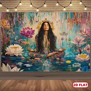 2D Flat Mystical Meditation Lotus Tapestry Vibrant Spiritual Wall Art with Serene Woman in Pose Colorful Flowers Butterflies Perfect for Christmas New Year Special Occasions Polyester Decor